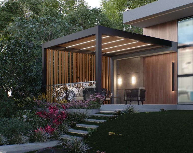 Wall-mounted pergola with wood slats